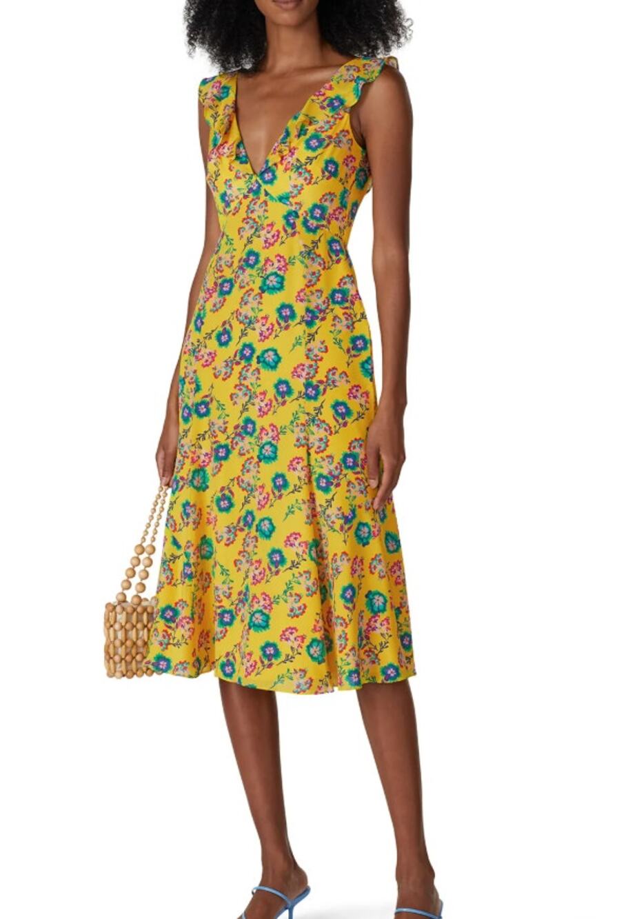 Saloni Holly Midi Dress Silk Crepe De Chine yellow floral flounce ruffle size 8